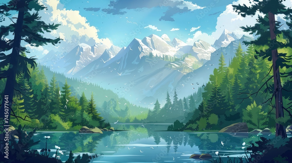 landscape with mountains, forest and a river in front. beautiful scenery