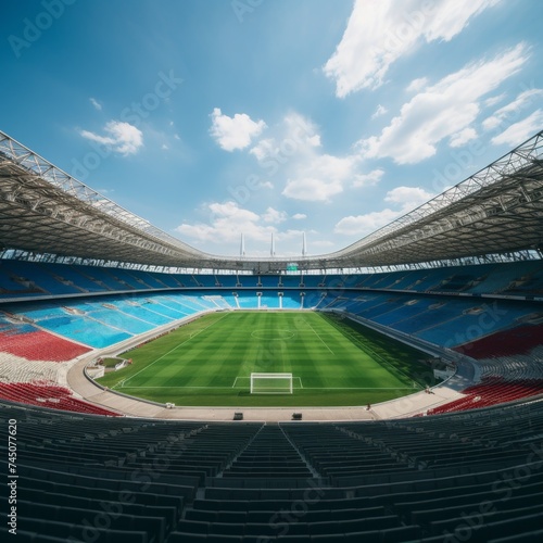 Empty football stadium with open roof and vacant stands on a bright and sunny day