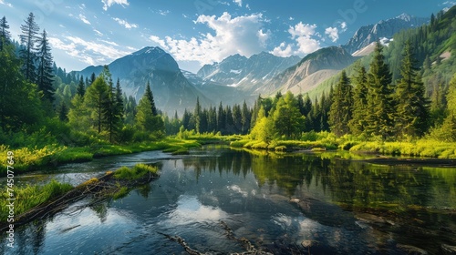 landscape with mountains, forest and a river in front. beautiful scenery