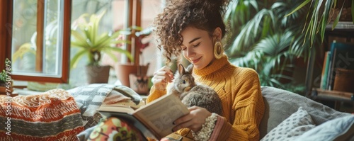 A smiling diversity woman with curly hair enjoys reading a book, cuddling with a small rabbit in a plant-filled room.