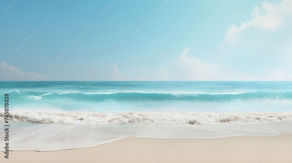 sunny calm minimalist beach backdrop with ample copy space, embraced by the soft and subtle light of a misty day, creating a calm and introspective atmosphere