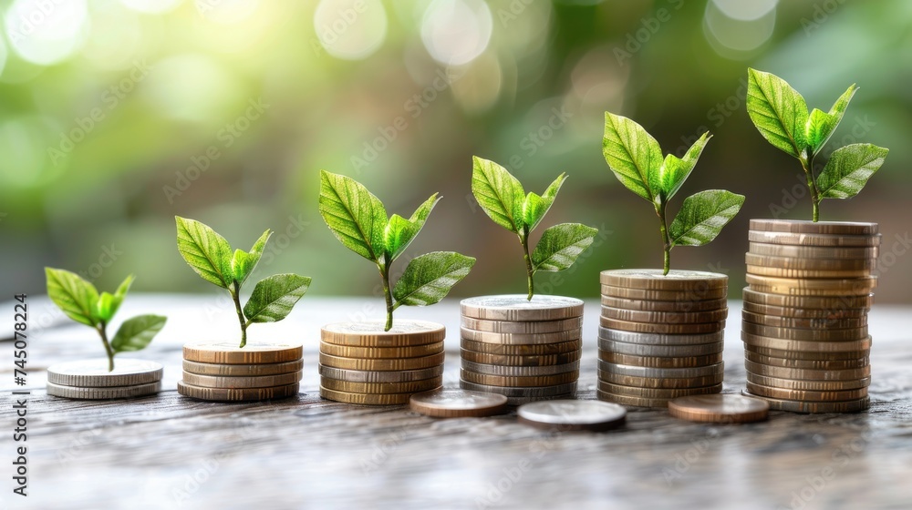 Coin Stack With Plant Sprouting Coin Stack With Plant Sprouting