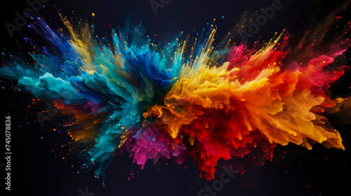 Colorful vibrant rainbow Holi paint color powder explosion with bright colors isolated on dark background. Colorful cloud of smoke. Abstract colored background. Copy space.