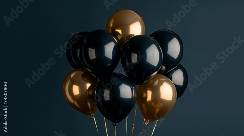 A lively celebration: gold and black helium balloons sparkle on a navy background. Suitable for birthdays, New Years, parties, weddings, Valentine's Day and celebration occasions.