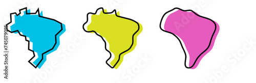 Brazil country black outline and colored country silhouettes in three different levels of smoothness. Simplified maps. Vector icons isolated on white background.