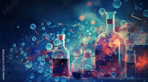 the concept of medical science pharmaceutical research, featuring a stylized representation of molecules, laboratory equipment, and scientific symbols photo