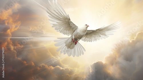 a white dove flying over the sun in a cloudy sky  in the religious style