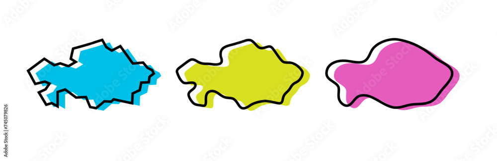 Kazakhstan country black outline and colored country silhouettes in three different levels of smoothness. Simplified maps. Vector icons isolated on white background.