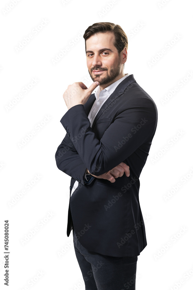 Businessman with thoughtful expression, hand on chin, blue suit, isolated on white. Strategic thinking concept Businessman with thoughtful expression, hand on chin, blue suit, isolated on white. Strategic thinking concept