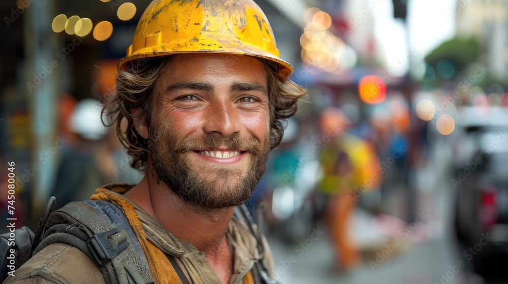 Smiling Construction Worker in Helmet Outdoors Smiling Construction Worker in Helmet Outdoors