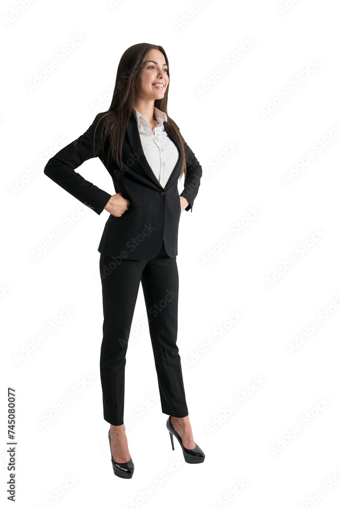 Smiling businesswoman with hand on hip, black suit, isolated on white. Confident professional pose Smiling businesswoman with hand on hip, black suit, isolated on white. Confident professional pose