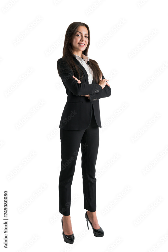 Businesswoman standing confidently, arms crossed, black suit, isolated on white. Professional attitude Businesswoman standing confidently, arms crossed, black suit, isolated on white. Professional attitude