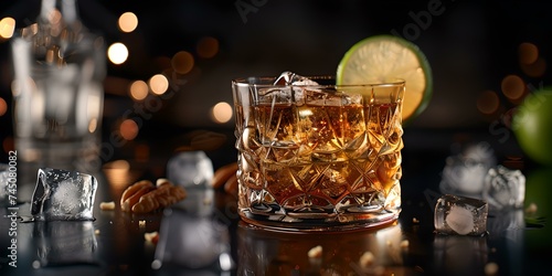 Classy whiskey on the rocks in a short glass with lime, perfect for lifestyle and hospitality. chic beverage close-up. AI