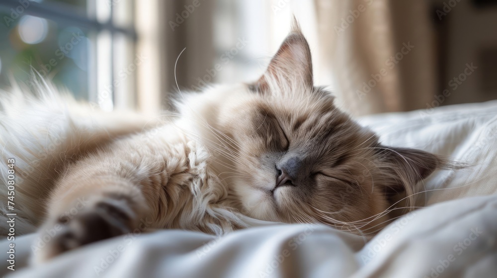 Serene Sleeping Cat Bathed in Natural Light on Cozy Bed