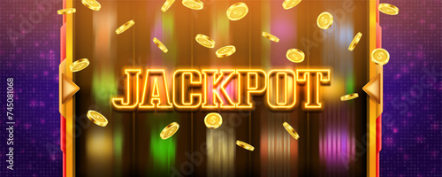 Neon sign Jackpot with slot machine and falling coins. Vector illustration.