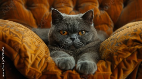 Serene British Shorthair Cat Lounging on Elegant Orange Sofa