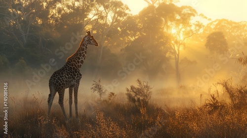 Majestic Giraffe in Misty Savannah Sunrise