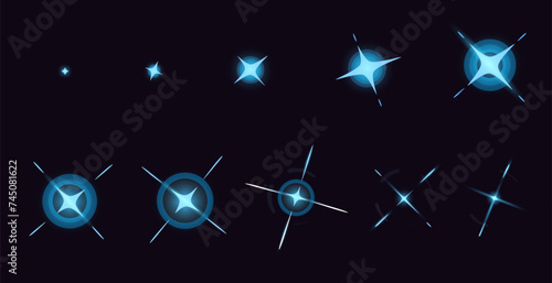 Colorful shine cartoon animation. Night sky with stars and glimmering lightning, magic special effect frame by frame video game asset. Vector isolated set