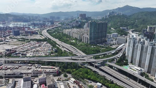 Drone aerial shot Skyview in Tai Kok Tsui Mei Foo Tsim Sha Tsui Cheung Sha Wan Mong Kok Lai Chi Kok Yau Ma Tei West Kowloon Hong Kong , a commercial hub with the financial centre photo