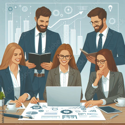 Smiling business team working on a new project, vector illustration