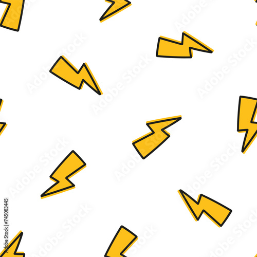Seamless pattern with yellow lightning bolt with black outline