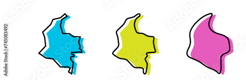 Colombia country black outline and colored country silhouettes in three different levels of smoothness. Simplified maps. Vector icons isolated on white background.