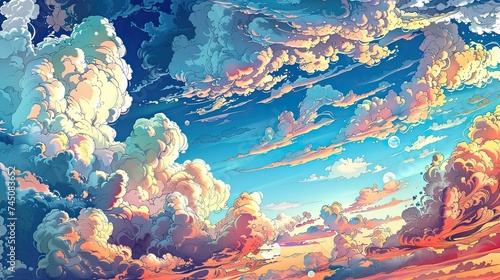 heavenly clouds, comic art, illustration, colorful, curved lines, stylized