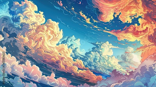 heavenly clouds, comic art, illustration, colorful, curved lines, stylized