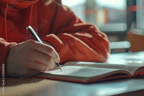 young professional men writing with pen on some papers making a book while sitting on a table wearing a red t shirt in his home interior photo