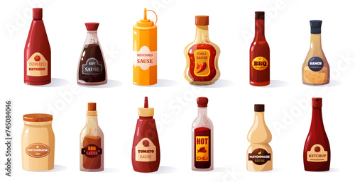 Cartoon sauces. Different ketchup mustard mayo soy sauce, sweet and spicy food condiments in bottles and jars. Vector colorful set © Tartila