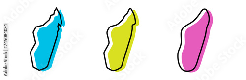 Madagascar country black outline and colored country silhouettes in three different levels of smoothness. Simplified maps. Vector icons isolated on white background.