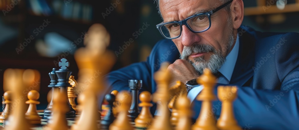 A mature businessman in a suit and glasses deeply focused on playing chess, showcasing his strategic thinking and analytical skills in this intense game. A mature businessman in a suit and glasses deeply focused on playing chess, showcasing his strategic thinking and analytical skills in this intense game.