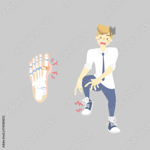 man having pain with big toe gout arthritis disease and foot bone anatomy, medical internal organs body part nervous system, healthcare, vector illustration cartoon flat character design clip art	
