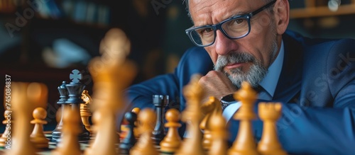 A mature businessman in a suit and glasses deeply focused on playing chess, showcasing his strategic thinking and analytical skills in this intense game.