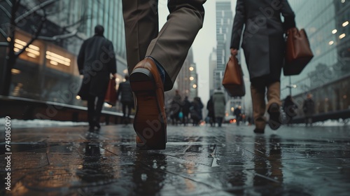 Close Up Leg Shot of a Businessman in a Suit Commuting to the Office on Foot. He's Carrying a Leather Case. Other Managers and Business People Walk Nearby. Cloudy Day on a Downtown Street.