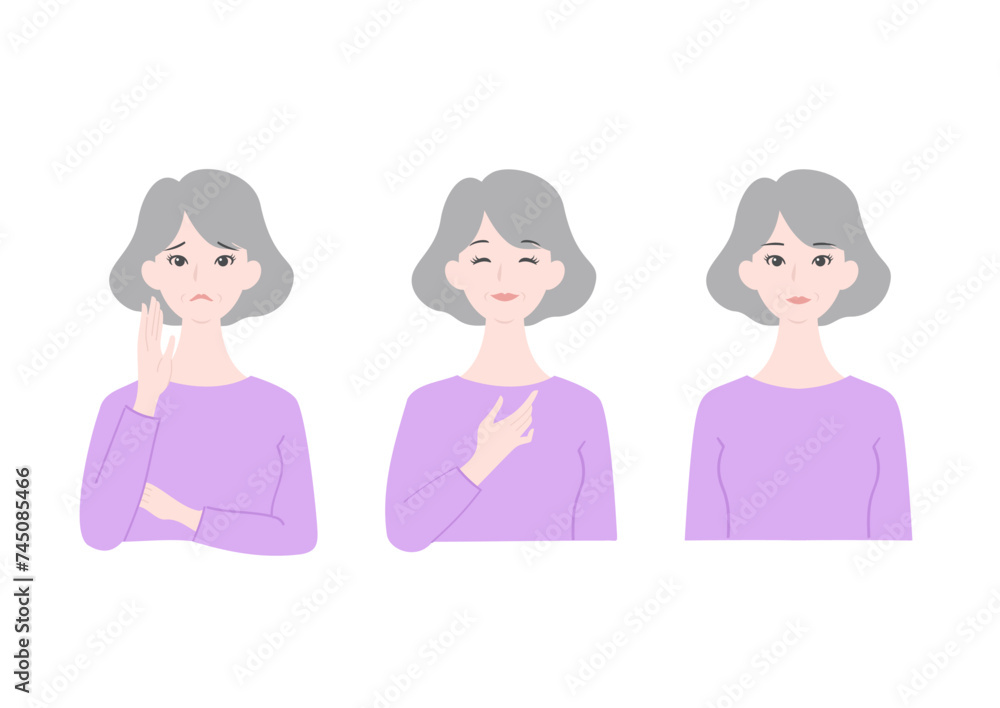 きれいで清潔感のあるシニア女性の悩みと喜びと真顔の上半身イラストセット