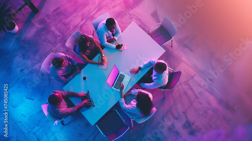 Team meeting in modern office, Colorful creative workspace with neon lighting | Generative AI