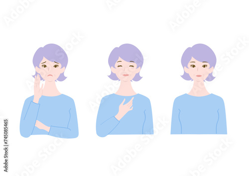 きれいで清潔感のあるシニア女性の悩みと喜びと真顔の上半身イラストセット