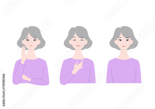 きれいで清潔感のあるシニア女性の悩みと喜びと真顔の上半身イラストセット