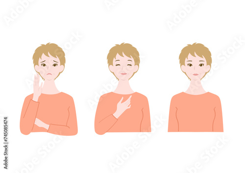 きれいで清潔感のあるシニア女性の悩みと喜びと真顔の上半身イラストセット