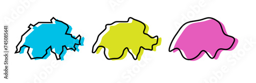 Switzerland country black outline and colored country silhouettes in three different levels of smoothness. Simplified maps. Vector icons isolated on white background.