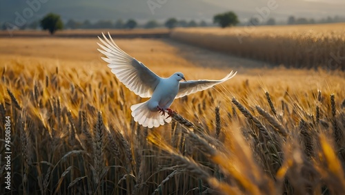 flying pegion in A wheat field border background. photo