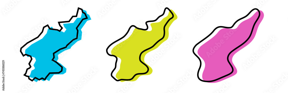 Fototapeta premium North Korea country black outline and colored country silhouettes in three different levels of smoothness. Simplified maps. Vector icons isolated on white background.