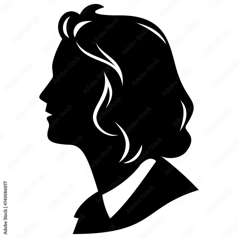 Silhouette of girl head for avatars, user profiles. Designed to good fit in square and circle. Vector clipart isolated on white.