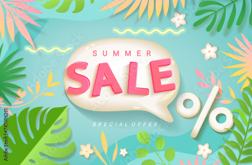 Summer Sale banner with 3d promo speech bubble, template of hot season discounts among green tropical leaves.Special offer.Invitation for limited time shopping,template for design.Vector illustration.