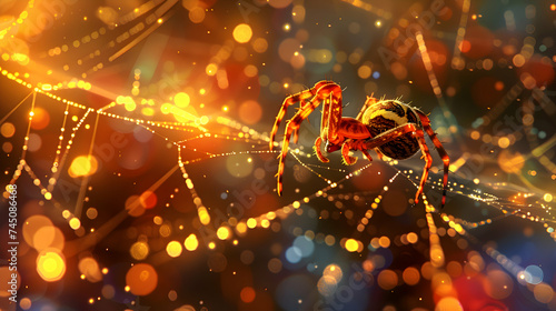A Garden tiger spider gracefully navigating its way across a shimmering cobweb, illuminated by the soft glow of morning light © Muhammad