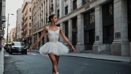 Beautiful ballerina in white tutu dancing on the street