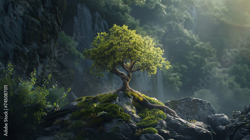 A tree growing tall in a serene forest backdrop