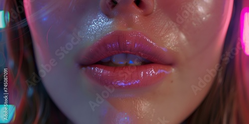 Close-up of glossy lips in neon light. modern beauty and style, focus on detail. perfect for cosmetic ads. AI