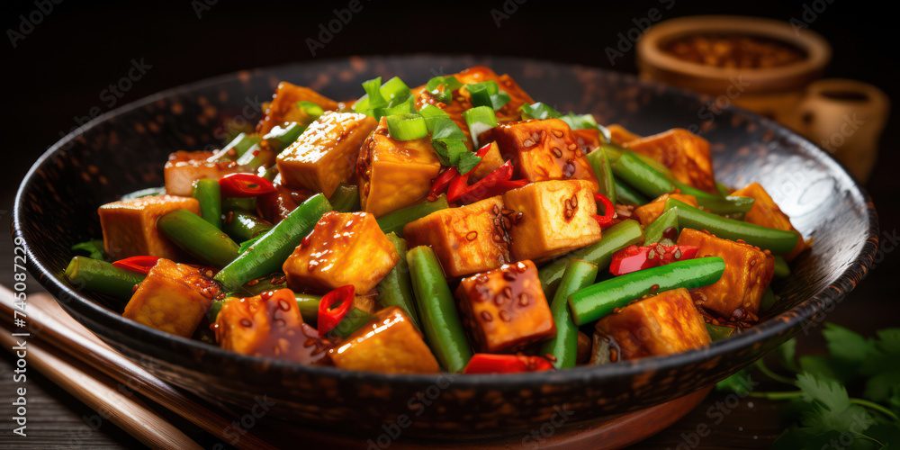 Delicious Asian Vegetable Dish: Healthy Fried Tofu with Green Vegetables and Spicy Thai Sauce on a White Plate Delicious Asian Vegetable Dish: Healthy Fried Tofu with Green Vegetables and Spicy Thai Sauce on a White Plate